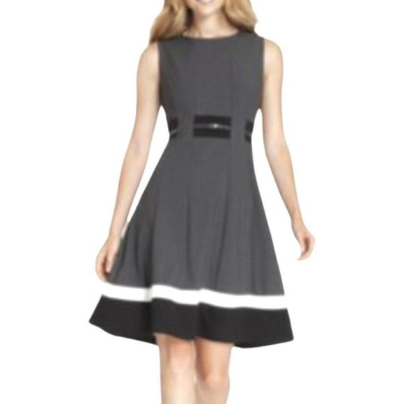 Calvin Klein Dresses & Skirts - Calvin Klein Sleeveless Round Neck Gray Color Block Belted Fit-Flare Dress Sz 8